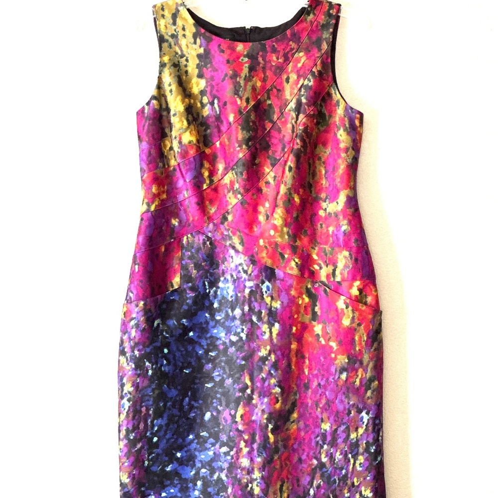 Jones New York Multicolor Abstract Midi Dress — Pink, Purple, Yellow, Blue